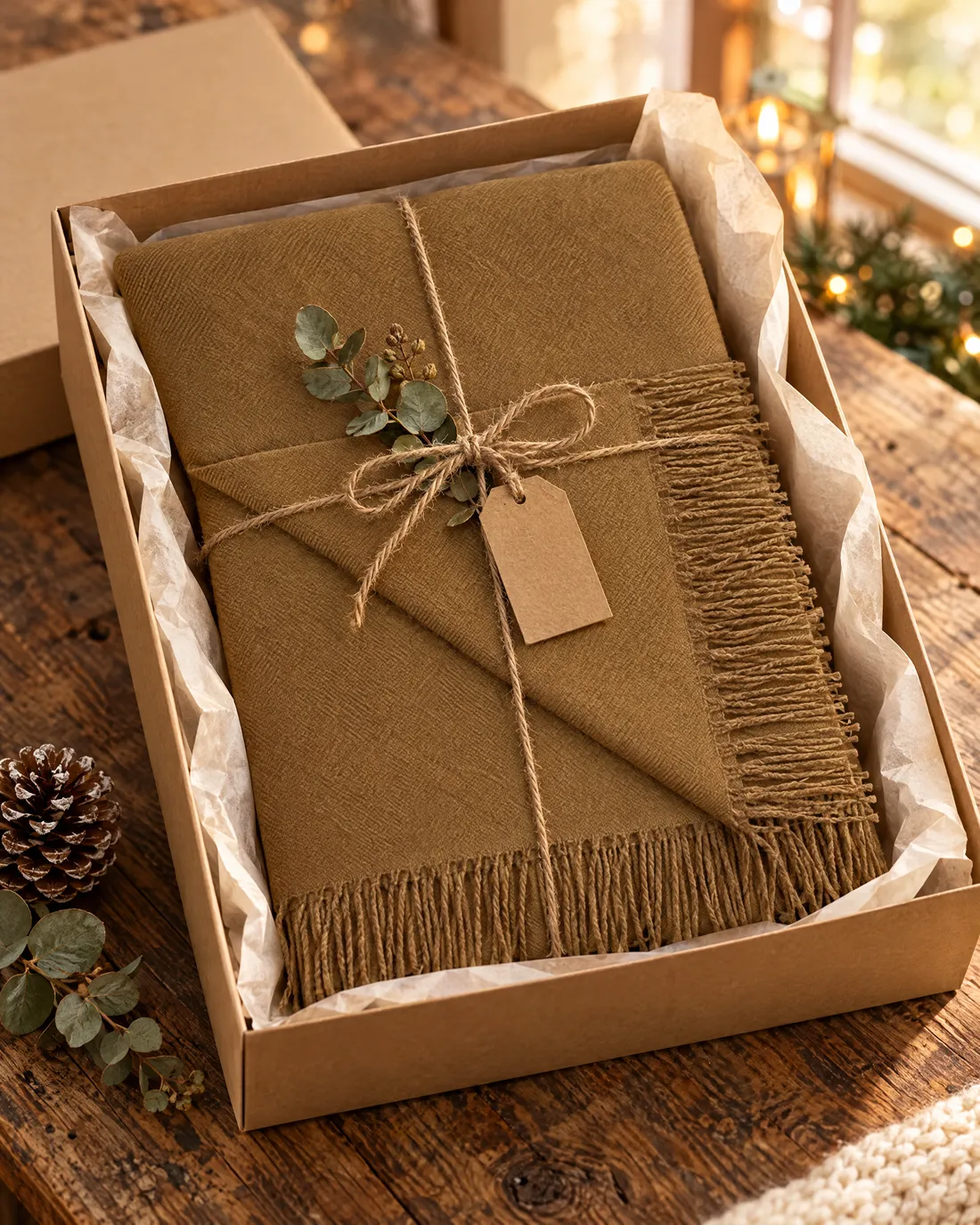 Honey alpaca throw folded in a kraft gift box, tied with twine and eucalyptus