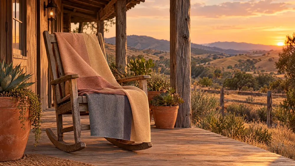 Alpaca throw over a rocking chair on a ranch porch at sunset