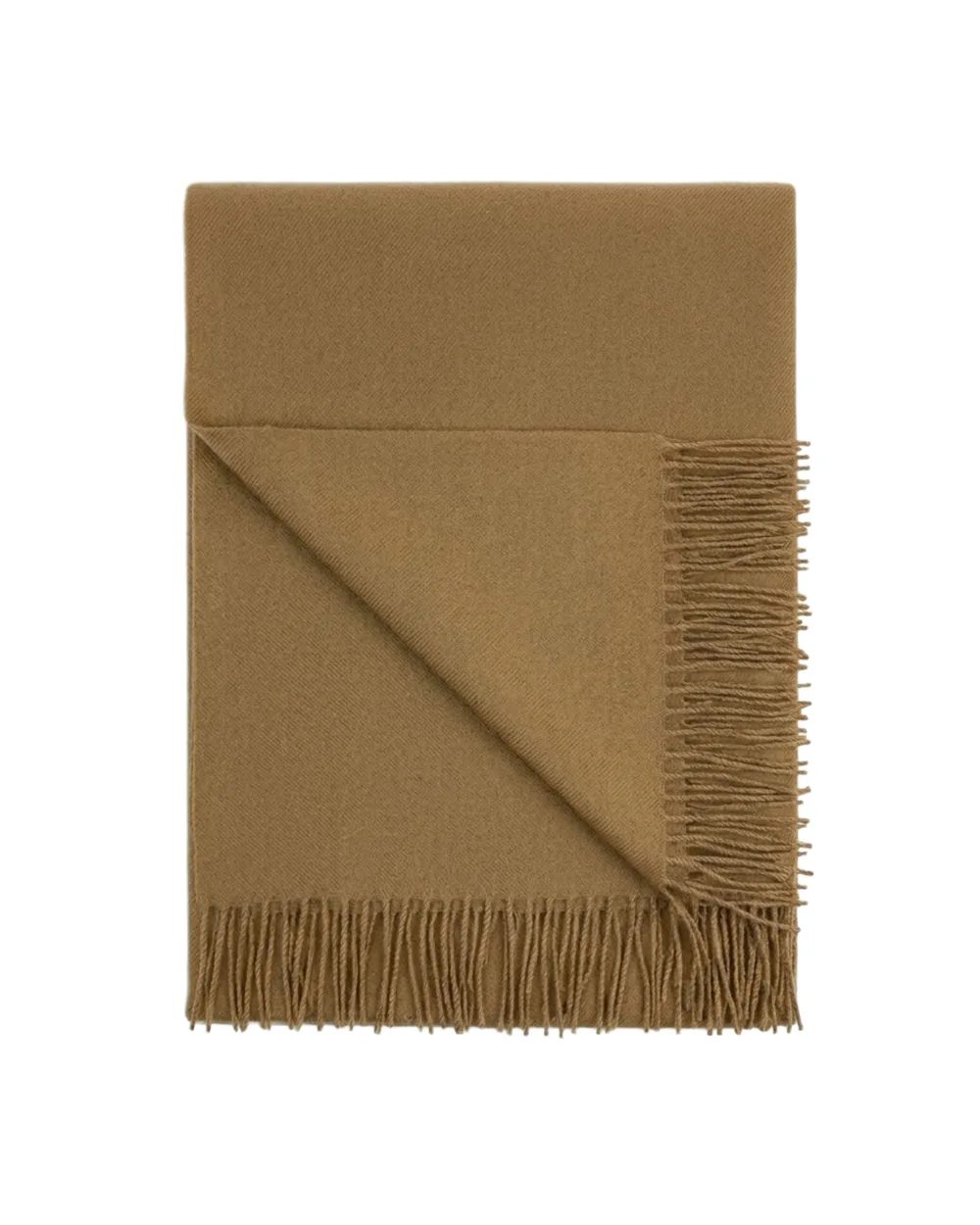 Honey baby alpaca throw folded, showing its camel color and fringe