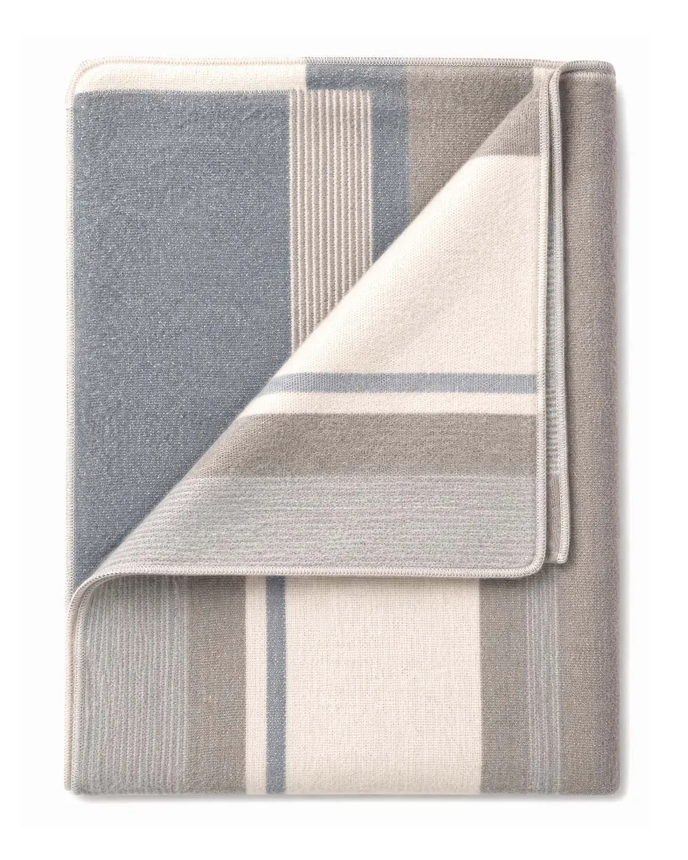 Silver Birch alpaca throw folded, showing grey, white and ivory stripes